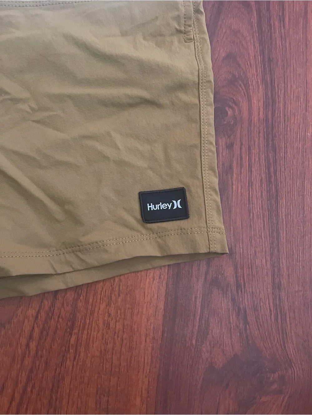 Hurley Men's Khaki Swim Shorts with White and Brown Stripes